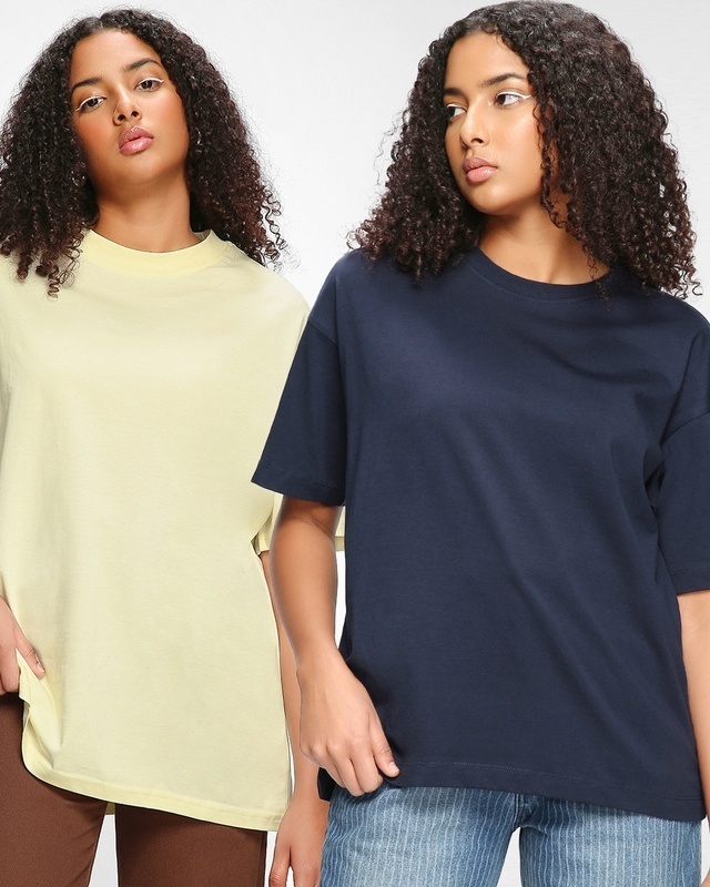 Shop Pack of 2 Women's Off White & Navy Blue Oversized T-shirt-Front