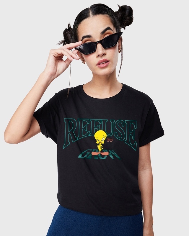 Shop Women's Black Refuse To Grow Graphic Printed Boyfriend T-shirt-Front