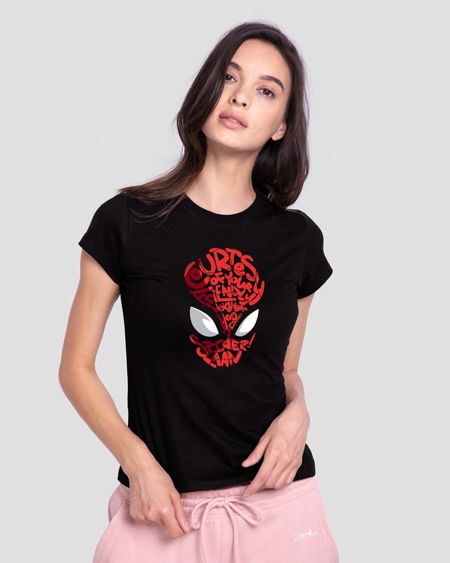 Shop Women's Black Spiderman Face (AVL) Graphic Printed T-shirt-Front