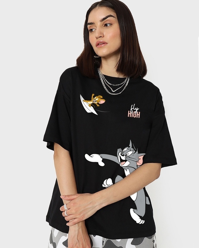 Shop Women's Black T&J Fly High Graphic Printed Oversized T-shirt-Front