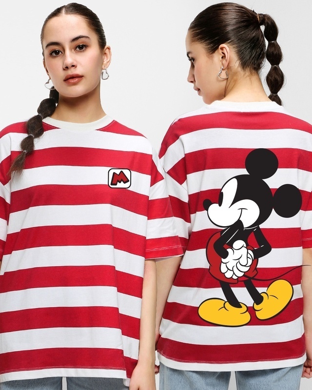 Shop Women's Red & White Classic Mickey Striped Oversized T-shirt-Front