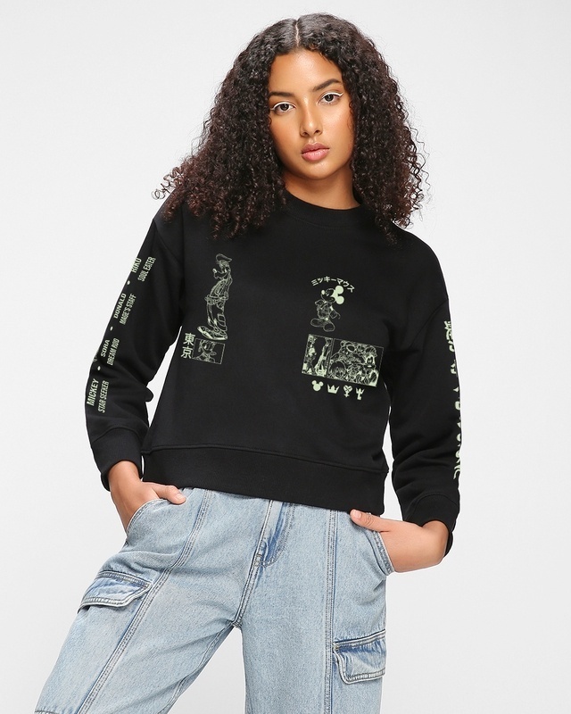 Shop Women's Black Mickeys Kingdom Graphic Printed Oversized Sweatshirt-Front