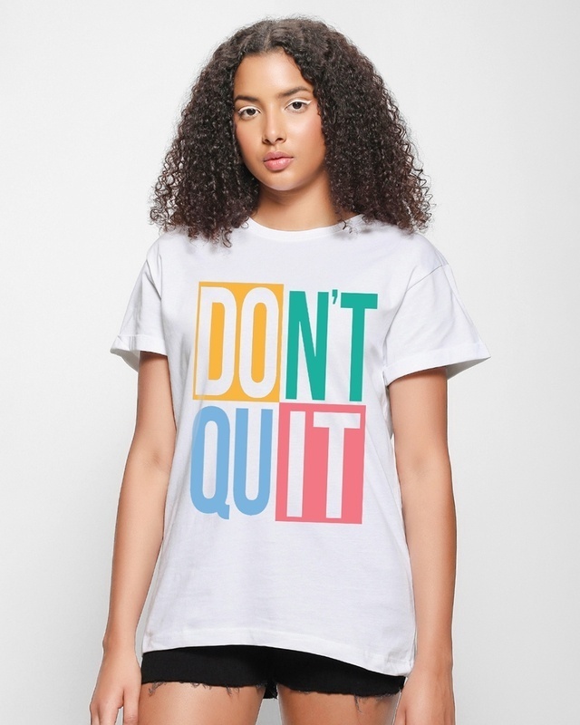 Shop Women's White Don't Quit Typography Boyfriend T-shirt-Front