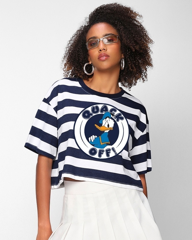 Shop Women's Blue & White Donald Quack Off Striped Oversized T-shirt-Front