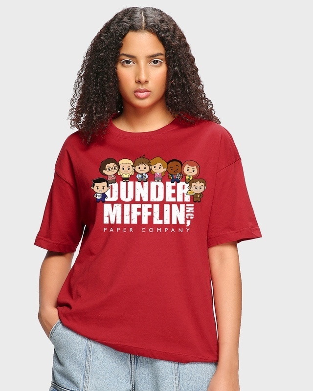 Shop Women's Red Dunder Mifflin Chibi Graphic Printed Oversized T-shirt-Front