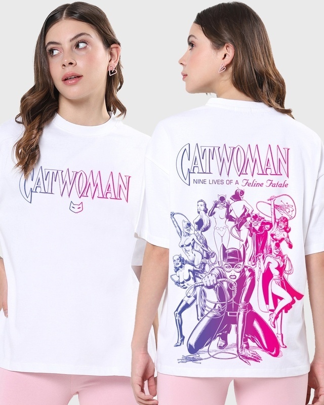 Shop Women's White Feline Fatale Graphic Printed Oversized T-shirt-Front