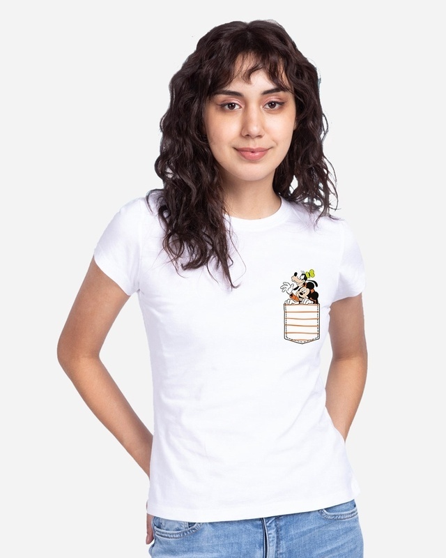 Shop Women's White Goofy Mickey Pocket Graphic Printed T-shirt-Front