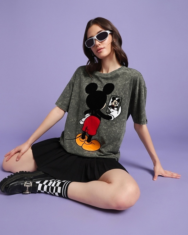 Shop Women's Grey Mickey Graphic Printed Oversized T-shirt-Front