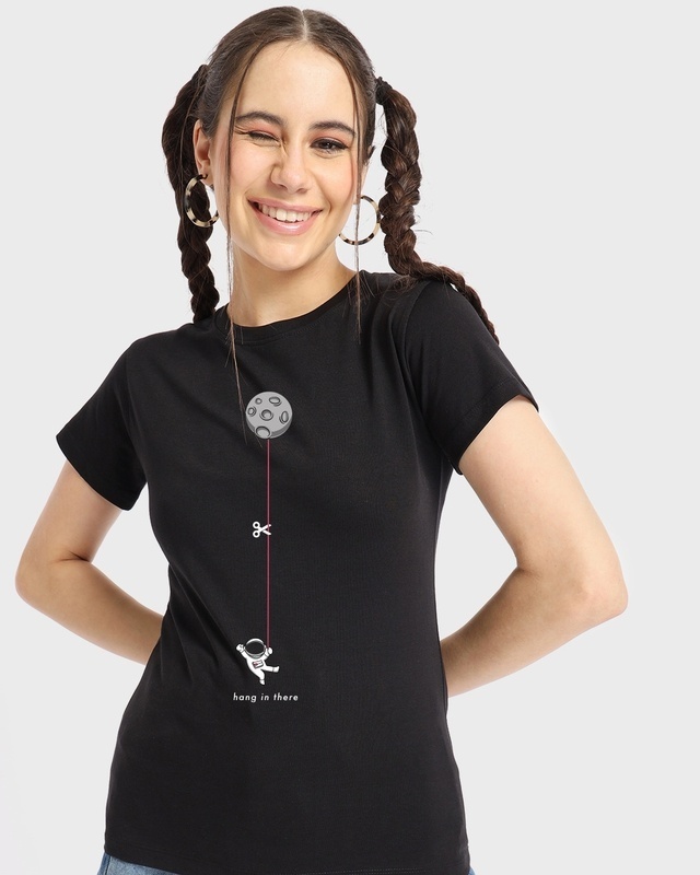 Shop Women's Black Hanging Astronaut Graphic Printed T-shirt-Front