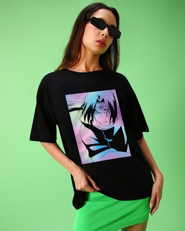 Shop Women's Black Itachi Uchiha Graphic Printed Oversized T-shirt-Front