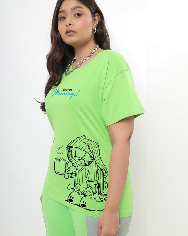 Shop Women's Green Garfield's Morning Graphic Printed Boyfriend Plus Size T-shirt-Front