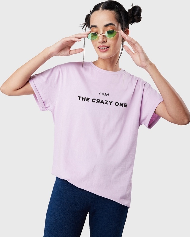 Shop Women's Lilac Bloom Crazy One Typogarphy Boyfriend T-shirt-Front