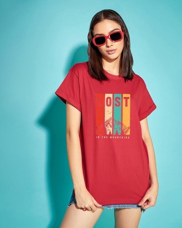 Shop Women's Red Lost Mountains Graphic Printed Boyfriend T-shirt-Front