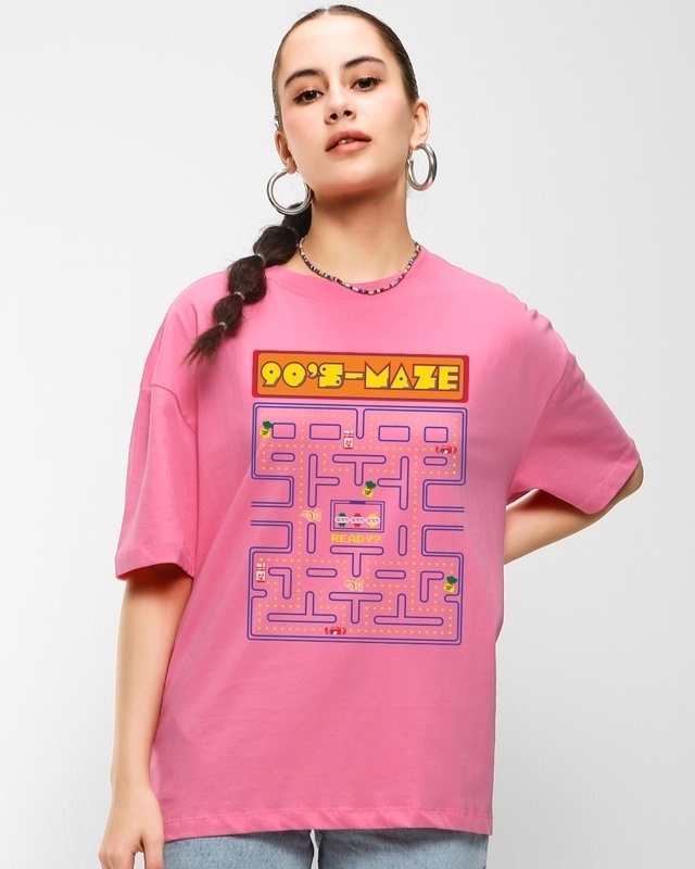 Shop Women's Pink 90's Maze Memories Graphic Printed Oversized T-shirt-Front