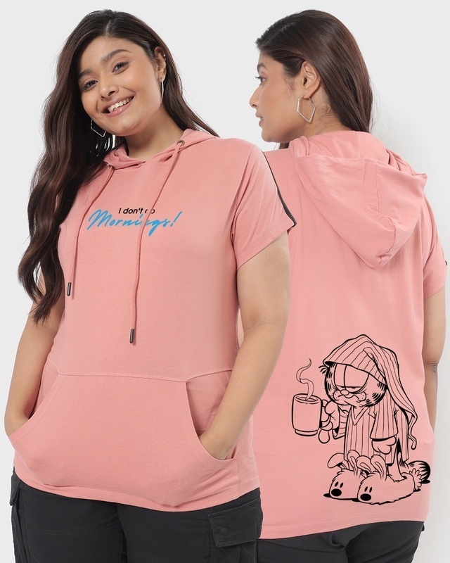 Shop Women's Pink Garfield's Morning Graphic Printed Plus Size Hoodie-Front