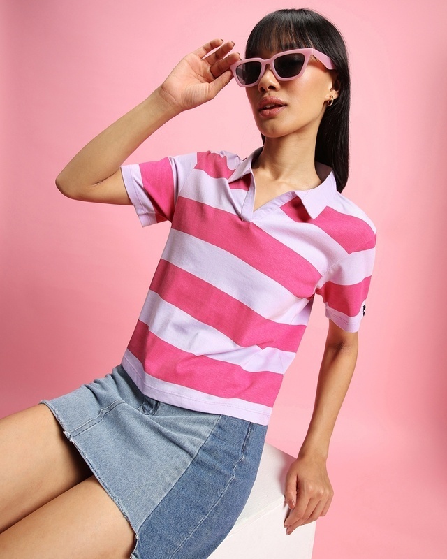 Shop Women's Pink Stripe Polo T-shirt-Front