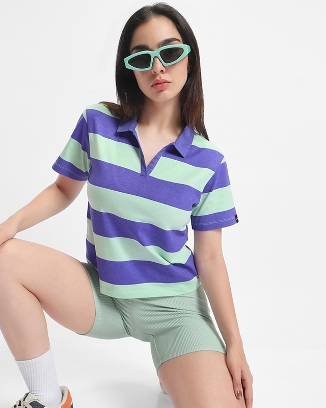 Shop Women's Blue & Green Striped Polo T-shirt-Front