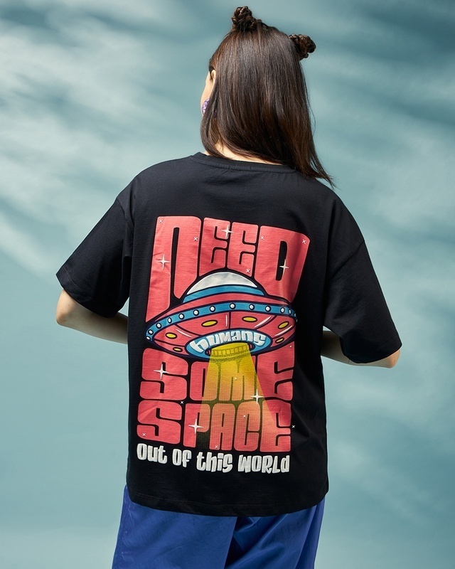 Shop Women's Black Need Some Space Graphic Printed Oversized T-shirt-Front