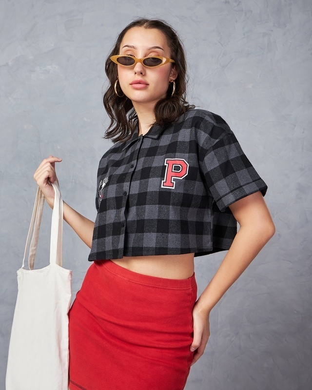 Shop Women's Black & Grey Peanuts Checked Oversized Cropped Shirt-Front
