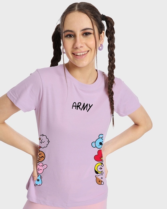 Shop Women's Purple Peeking Army Graphic Printed T-shirt-Front