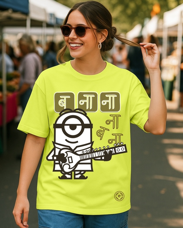 Shop Women's Acacia Yellow Music Minion Graphic Printed Oversized T-shirt-Front