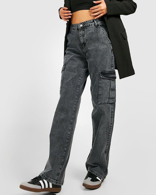 Shop Women's Acid Grey Washed Straight Fit Cargo Jeans-Front