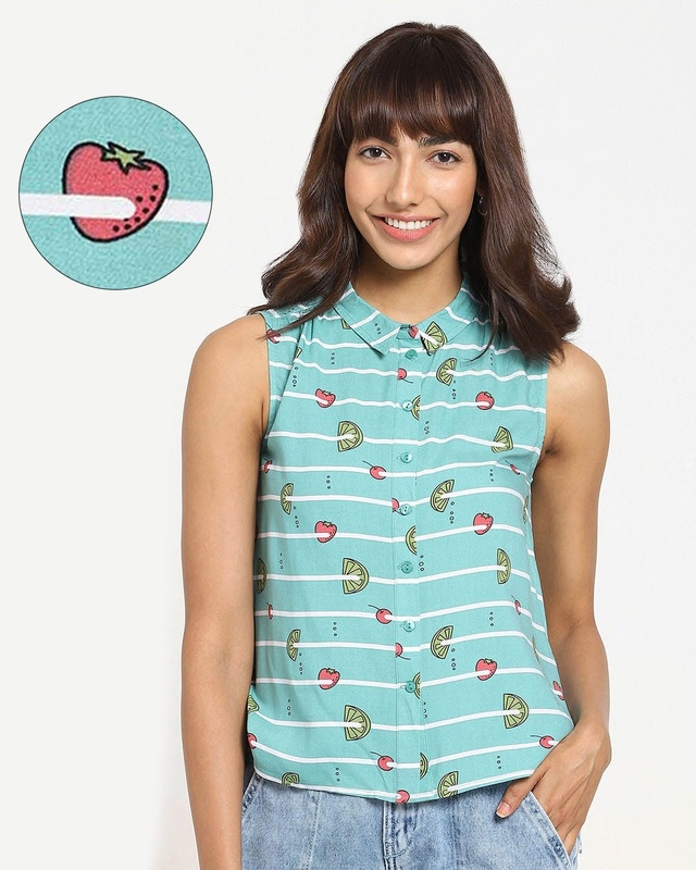 Shop Women's All Over Printed Sleeveless Casual Blue Shirt-Front
