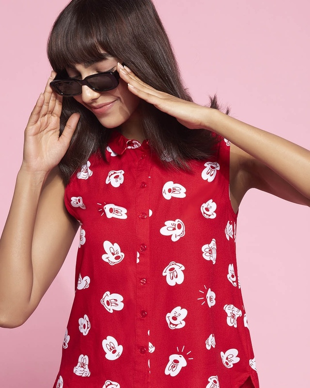 Shop Women's All Over Printed Sleeveless Casual Red Shirt-Front