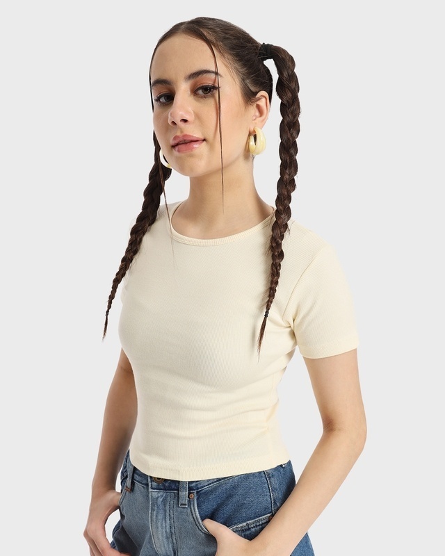 Shop Women's Antique White Slim Fit Rib Crop Top-Front