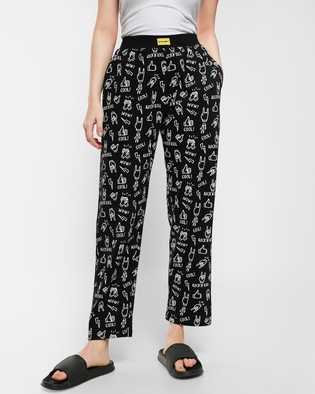 Shop Women's Black All Over Printed Pyjamas-Front