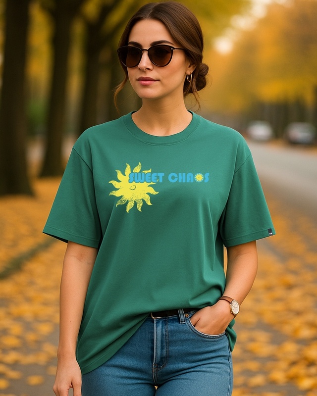 Shop Women's Aventurine Green Sweet Graphic Printed Oversized T-shirt-Front