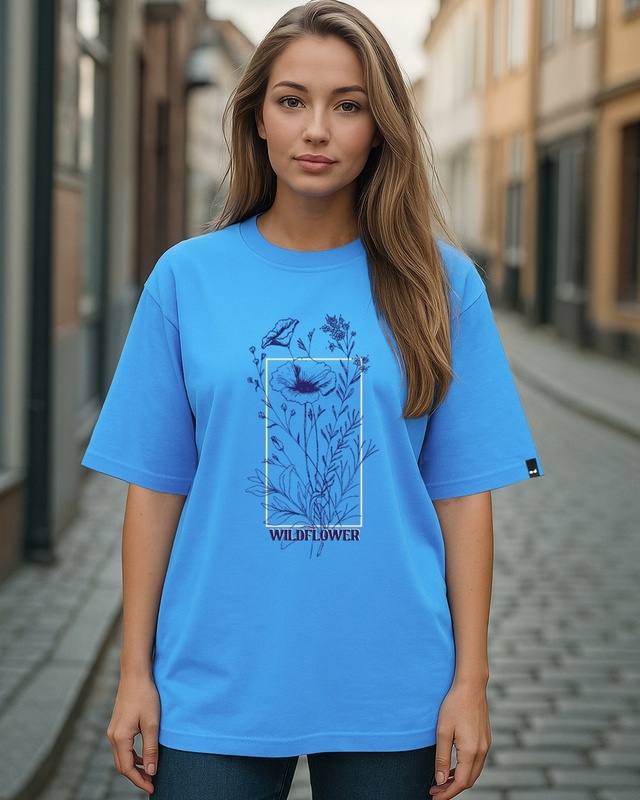 Women's Azure Blue Wild Flower Graphic Printed Oversized T-shirt-Front Bewakoof Shop Women's Azure Blue Wild Flower Graphic Printed Oversized T-shirt-Front