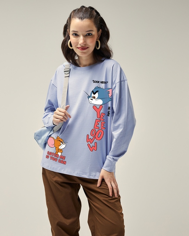 Shop Women's Baby Lavender Catch Me Graphic Printed Oversized T-shirt-Front