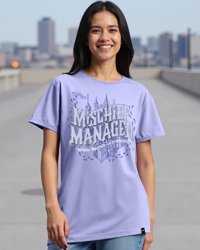 Shop Women's Baby Lavender Mischief Managed Graphic Printed Boyfriend T-shirt-Front