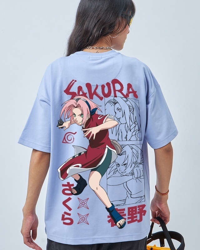 Shop Women's Baby Lavender Sakura Chan Graphic Printed Oversized T-shirt-Front