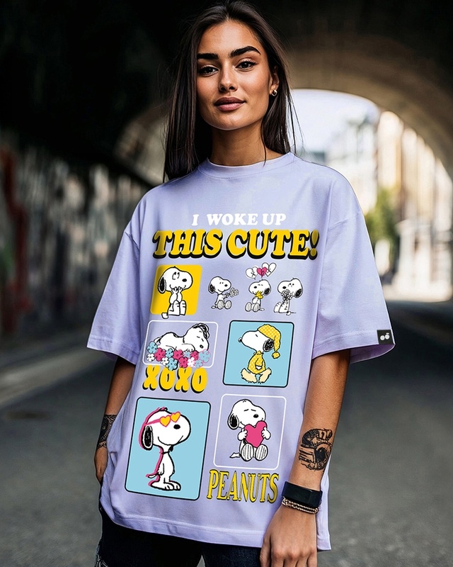 Shop Women's Baby Lavender Woke Up Cute Graphic Printed Oversized T-shirt-Front