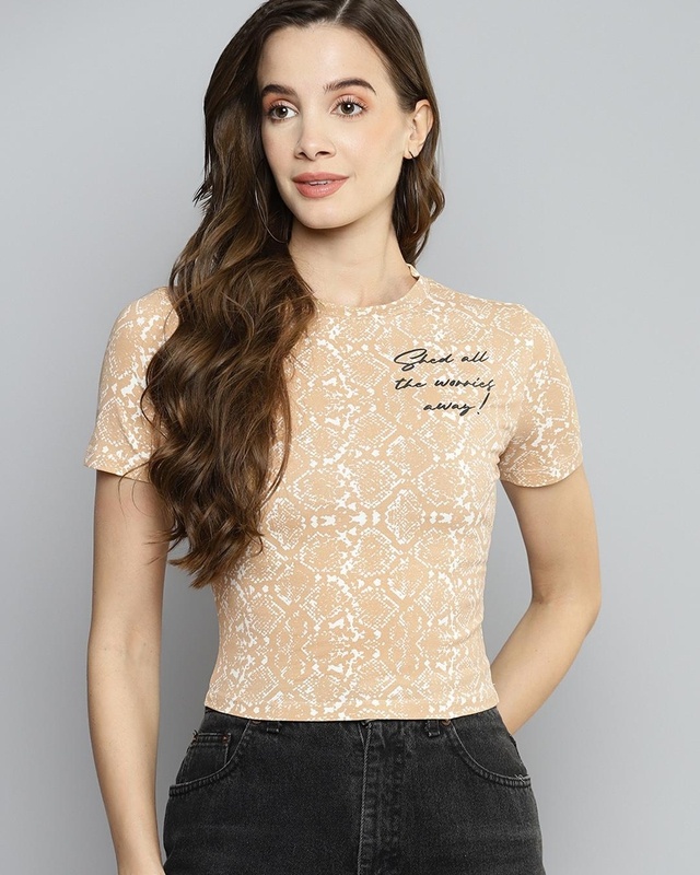 Shop Women's Beige All Over Printed Slim Fit Crop T-shirt-Front