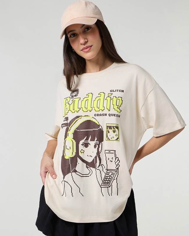 Shop Women's Beige Baddie Graphic Printed Oversized T-shirt-Front