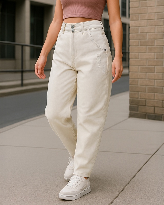 Shop Women's Beige Baggy Tapered Fit Jeans-Front