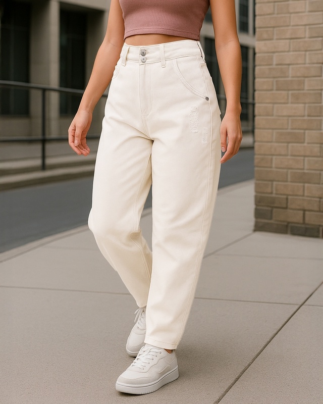 Shop Women's Beige Baggy Tapered Fit Jeans-Front