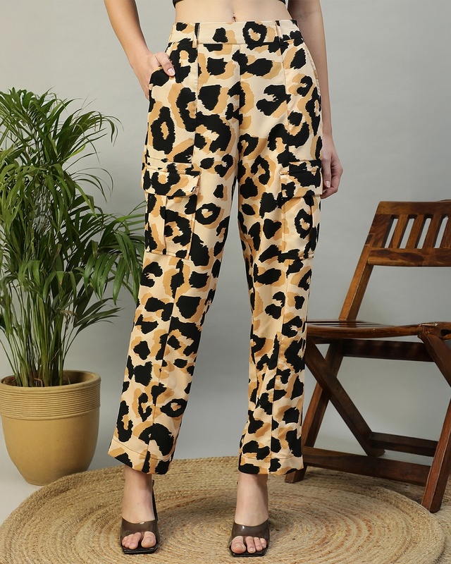 Women's Beige & Black Animal Printed Cargo Pants