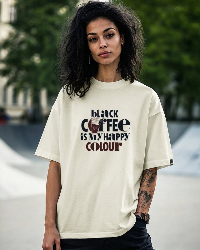 Shop Women's Beige Black Coffee Typography Oversized T-shirt-Front