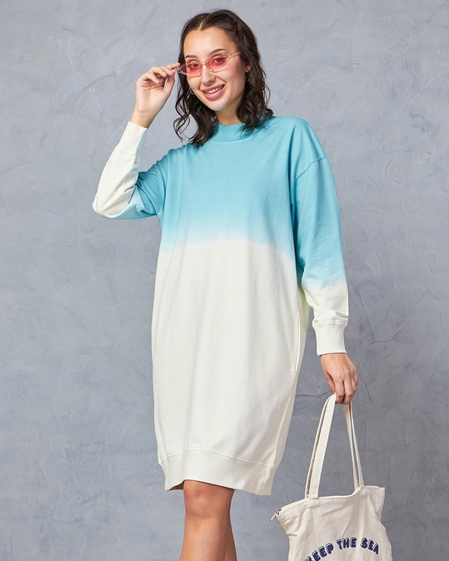 Women's Beige & Blue Ombre Oversized Sweatshirt Dress