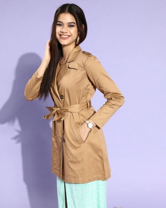 Shop Women's Beige Cotton Trench Coat-Front