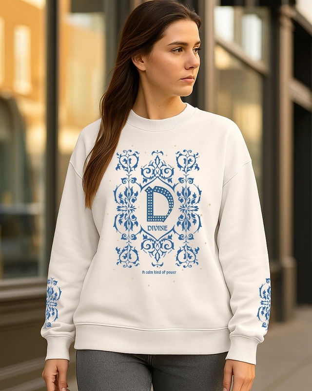 Shop Women's Beige Divine Graphic Printed Oversized Sweatshirt-Front