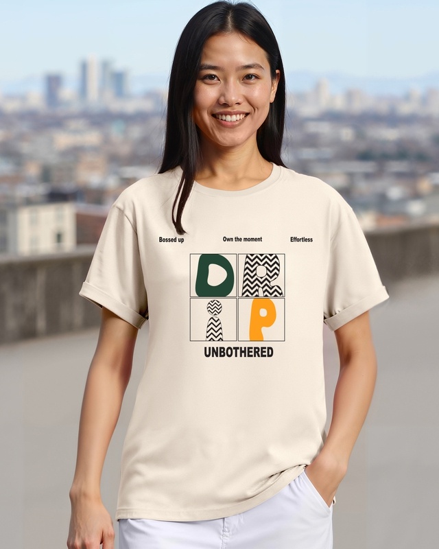 Women's Beige Drip Typography Boyfriend T-shirt-Front Bewakoof Shop Women's Beige Drip Typography Boyfriend T-shirt-Front