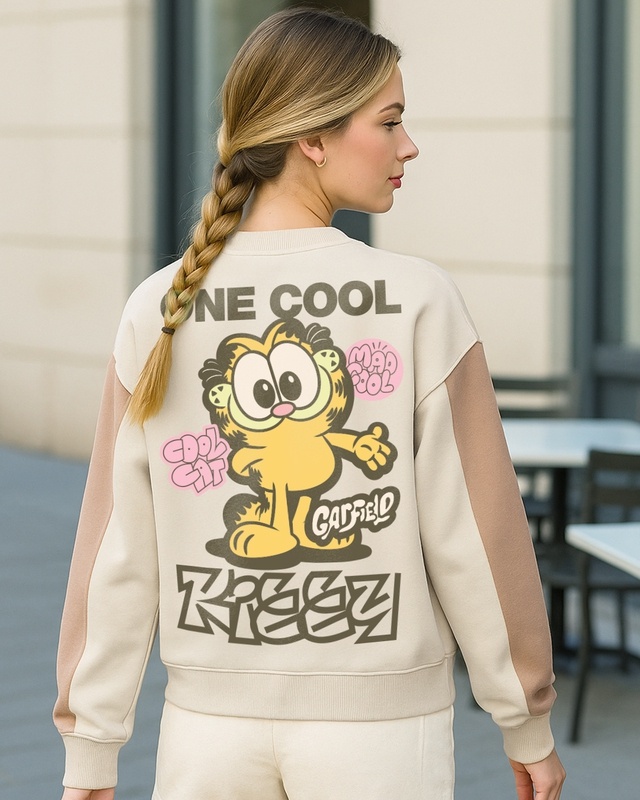 Shop Women's Beige & Ginger Root Brown Graphic Printed Oversized Cropped Sweatshirt-Front
