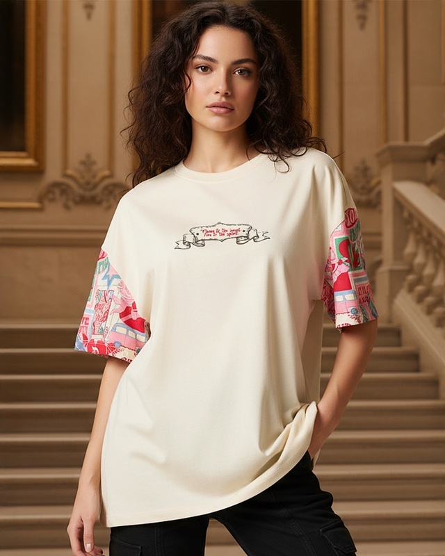 Shop Women's Beige Graphic Printed Oversized T-shirt-Front