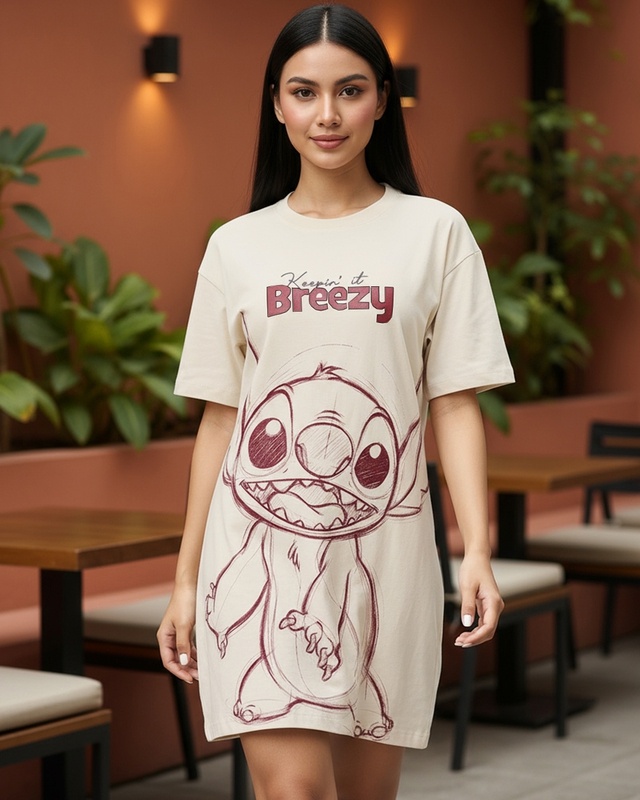 Shop Women's Beige Stitch Graphic Printed T-Shirt Dress-Front