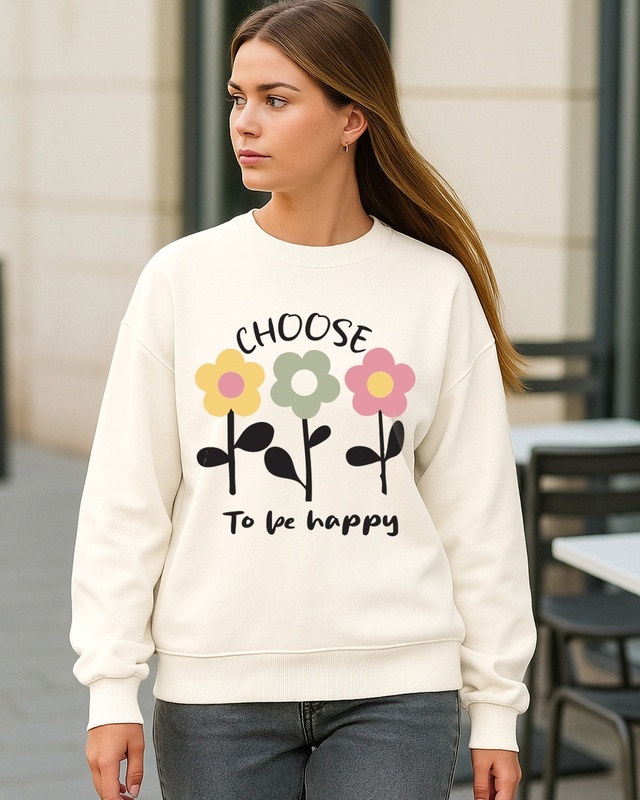Women's Beige Happy Graphic Printed Oversized Sweatshirt-Front Bewakoof Shop Women's Beige Happy Graphic Printed Oversized Sweatshirt-Front